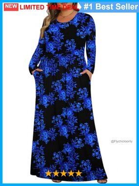 Plus Size Maxi Dress Long Sleeve Crew Neck Pockets Rayon Spandex Casual